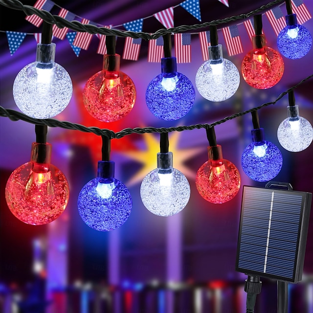  1 Stück 12 m - 100 LED-Perlen, solarbetriebene patriotische Lichterketten für den Außenbereich, wasserdicht, 4. Juli, Unabhängigkeitstag, rot-weiß-blaue Blasenkugel-Lichterkette, Hof, Gartenzaun, Balkon, Party, patriotische Atmosphäre