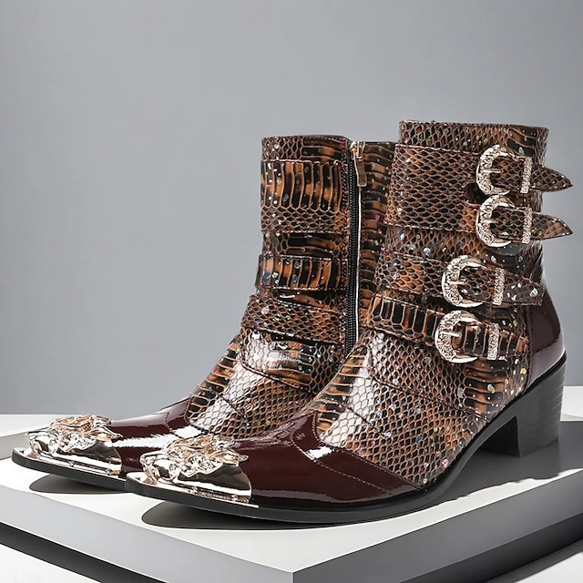  Botas de tobillo de cuero con patrón de cocodrilo marrón para hombres con hebillas de punta dorada calzado de inspiración occidental de moda para uso casual y al aire libre