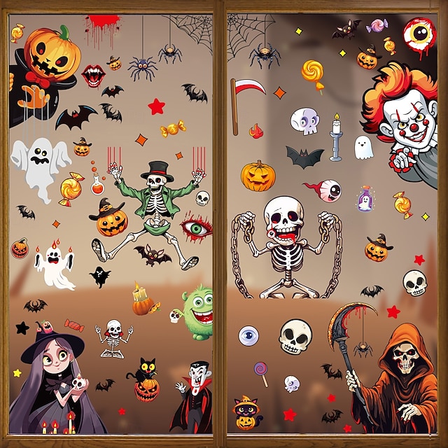  6 Sheets Halloween Window Cling Sticker Decals, Double-Sided Glass Window Decorations with Skeleton, Bat, Witch and Grim Reaper, Mall Storefront Scene Decor