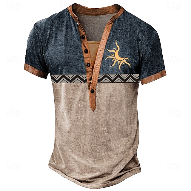  Pánské Etno Tričko Tričko Henley Trička Krátký rukáv Designové Základní Klasické Venkovní Ležérní Denní Léto Šedá Námořnická modř Hnědá Henley Tričko Henley