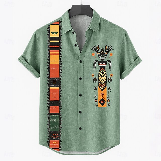  Herren Leinenhemd Sommerhemd Strandbekleidung Knopfhemd Stammes Urlaub Lässig Blau Grün Khaki Kurzarm Umlegekragen Sommer Frühling Bekleidung