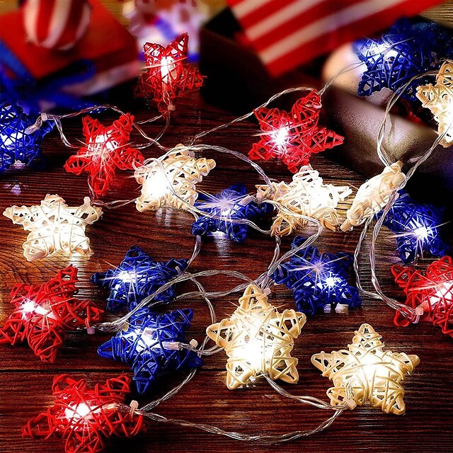  1 Pc 3M-20 LED Star String Lights Red, White, Blue Vine Weaving Pentagram Light String July 4th Independence Day Party Patriotic Atmosphere Decorative Light AAA Battery Box