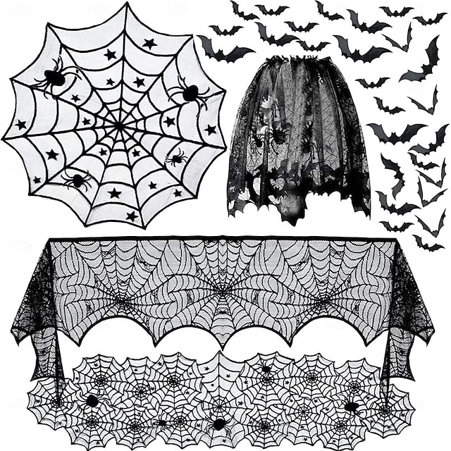  Halloween spinnendecoratieset - Halloween zwart spinnenweb tafelkleed, Halloween tafelloper, Halloween spinnenweb lampenkappen, 36 stuks enge 3D vleermuizen voor Halloweenfeest