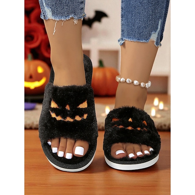  Dam Halloween-tofflor - svarta plyschiga sandaler med pumpa-ansiktsdesign för mysiga höstkvällar och fester &inomhuskläder
