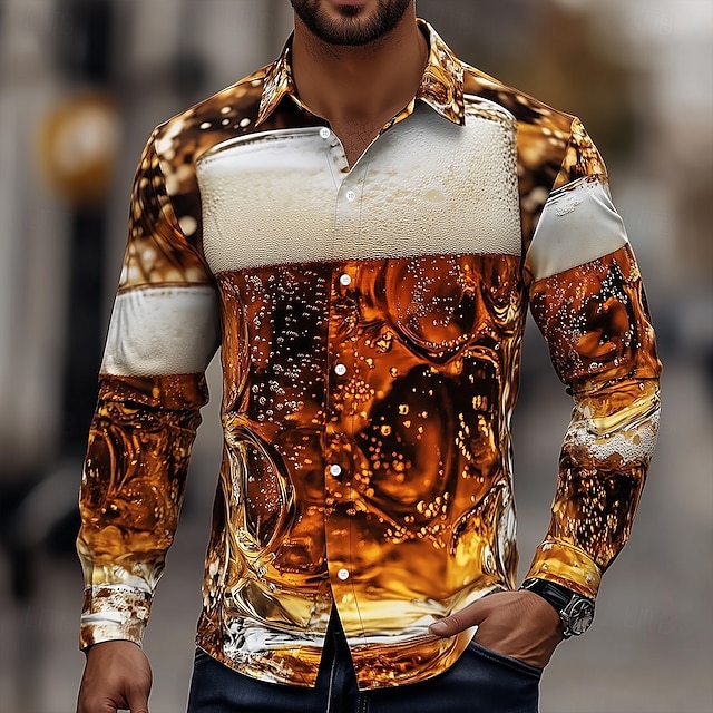  Pánské 3D tisk Pivo Oktoberfest Košile Košile s knoflíkem Havajské košile Dlouhý rukáv Havajské Venkovní Dovolená Léto Jaro Přehnutý 3D tisk košile s límečkem Žlutá Hnědá