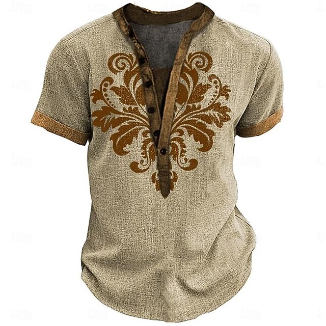 Men's Retro Ethnic T Shirt Henley Shirt Tee Short Sleeve Designer Basic Ethnic Outdoor Casual Daily Summer Khaki Henley Henley T-Shirt4
