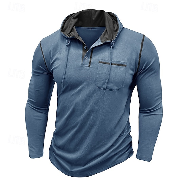  Men's Tee Top Long Sleeve Shirt Long Sleeve Hooded Summer All Seasons Solid Color Daily Casual Street Style Hooded Outdoor Street Causal Light Blue White Black Top Tee for Men