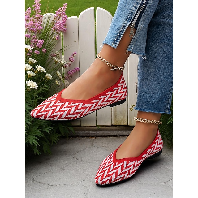  Ballerines Flyknit rouges pour femmes – Chaussures plates souples à bout pointu et motif à chevrons pour les rendez-vous décontractés, les pique-niques et les événements en journée