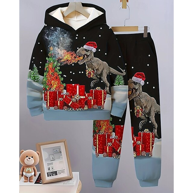  Jongens 3D Dinosaurus Set met capuchon en joggingbroek Sportoutfit Trainingspakken Lange mouw Lente Herfst Dagelijks Basic Casual Kinderen 4-12 jaar Capuchon Buiten Vakantie Sport Getailleerd