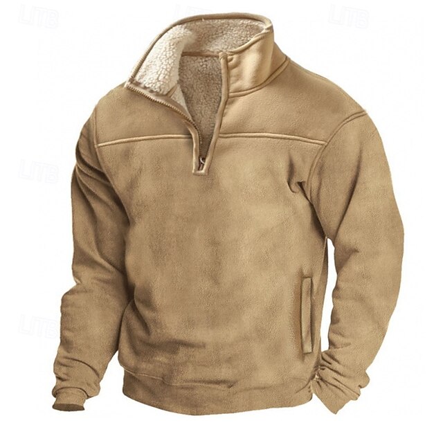 Men's Polo Sweatshirt Polar Fleece Quarter Zip Sweatshirt Khaki Half Zip Plain Pocket Sports & Outdoor Daily Holiday Polyester Streetwear Basic Casual Winter Autumn / Fall Clothing Apparel Hoodies4