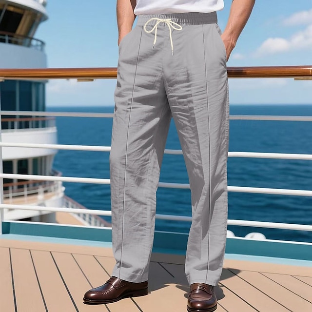  Hombre Pantalones de lino Pantalones Pantalones de verano Pantalones anchos Pantalones de playa Correa Cintura elástica Pierna recta Plano Comodidad Transpirable Longitud total Exterior Casual Diario