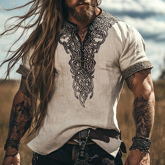  Men's Linen Shirt Popover Shirt Summer Shirt Vintage Shirt Short Sleeve Shirt Ethnic Shirt Patchwork Vacation Street Khaki Short Sleeve V Neck Summer Clothing Apparel Ethnic