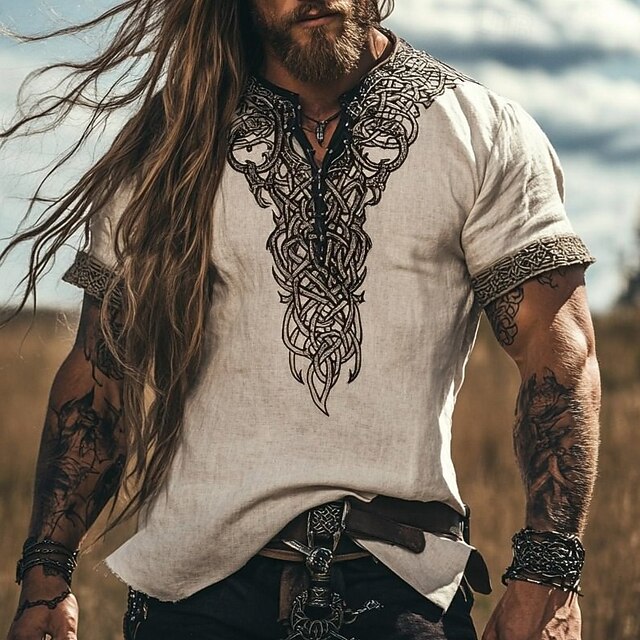 Men's Linen Shirt Popover Shirt Summer Shirt Vintage Shirt Short Sleeve Shirt Ethnic Shirt Patchwork Vacation Street Khaki Short Sleeve V Neck Summer Clothing Apparel Ethnic4