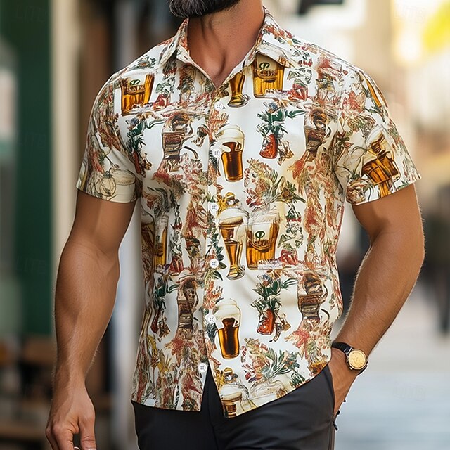 Men's Oktoberfest Beer Tropical Plants Flowers Shirt Summer Shirt Button Up Shirt Short Sleeve Fashion Casual Outdoor Holiday Summer Spring Turndown 3D Print Collared Shirts Apricot4