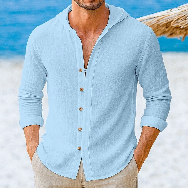  Herren Hemd Leinenhemd Sommerhemd Strandhemd Einfarbig Urlaub Lässig Schwarz Weiß Grün Leicht Blau Langarm Kapuzenpullover Frühling & Sommer Bekleidung Button-Down