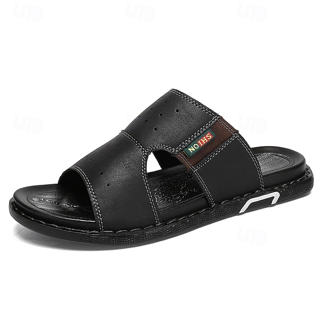  Sandale slip-on maro pentru bărbați, cu decupaje, din piele ecologică moale, de vară, pentru confort în interior, treburi de weekend și utilizare casual în aer liber
