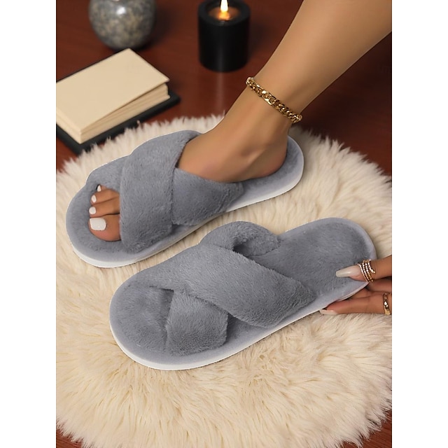  chinelos femininos com tiras cruzadas e felpudas – chinelos macios e felpudos para ambientes internos, para quarto, spa em casa e noites aconchegantes