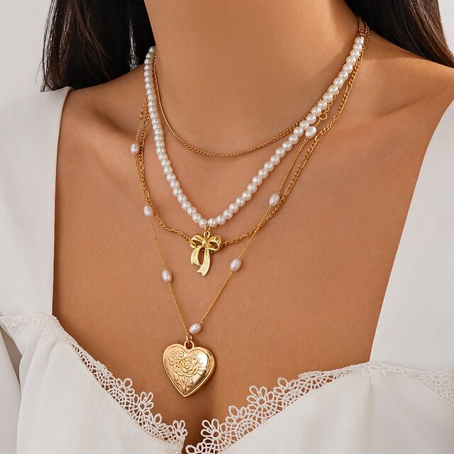  Colares com Pendentes Pérola Mulheres Elegante Simples Multi Camadas Coração Com Laço Casamento Gotas Formato de coração Colar Para Casamento Festa Aniversário
