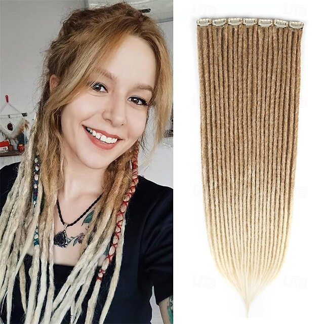  Extension per capelli dreadlock con clip, 4 pezzi, extension sintetiche da 24 pollici, da castano chiaro a biondo, lunghe, naturali, morbide, sottili, 0,6 cm di larghezza, dreadlocks per donne