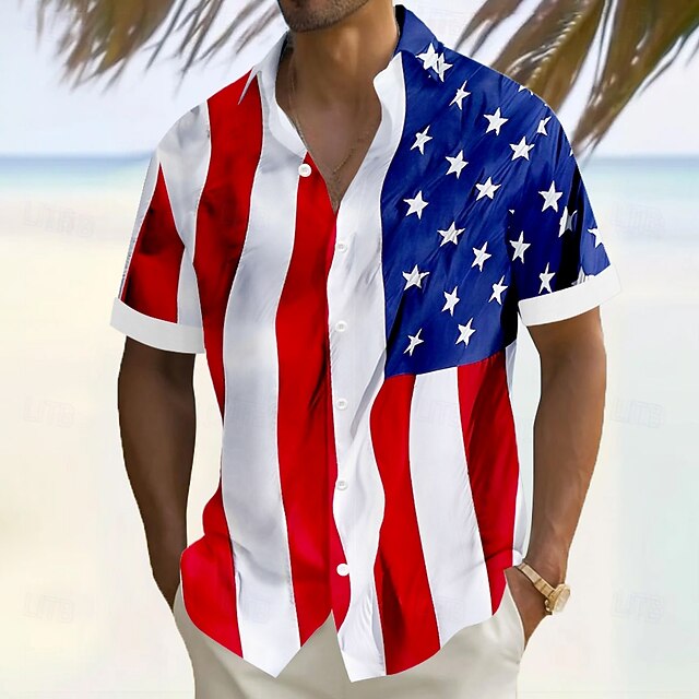 Independence Day Men's US Flag Patriotic Fourth of July Shirt Summer Shirt Button Up Shirt Short Sleeve Fashion Casual Outdoor Vacation Dailywear Summer Turndown 3D Print Linen Like Shirt White4