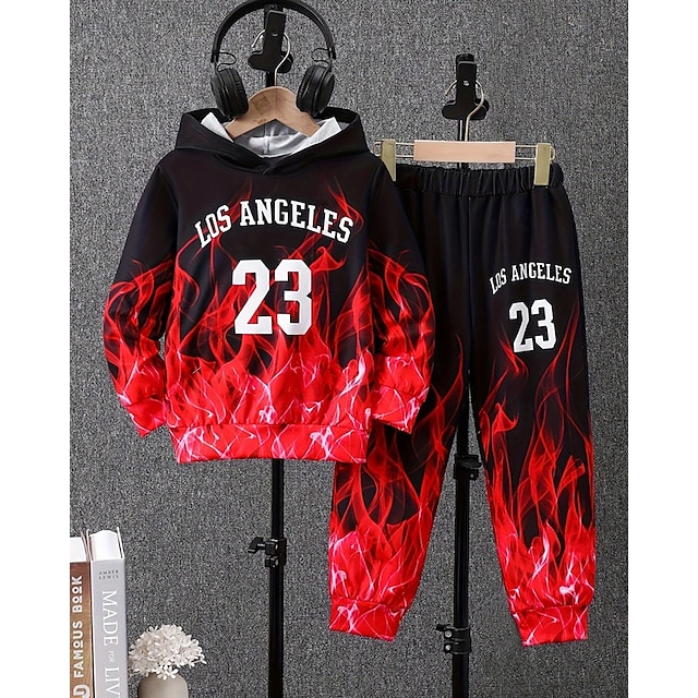  Boys' 3D Graphic Letter Hoodie & Sweatpants Set Sports Suit Tracksuits Long Sleeve Spring Fall Daily Basic Casual Kids 4-12 Years Hooded Outdoor Vacation Sports Tailored Fit