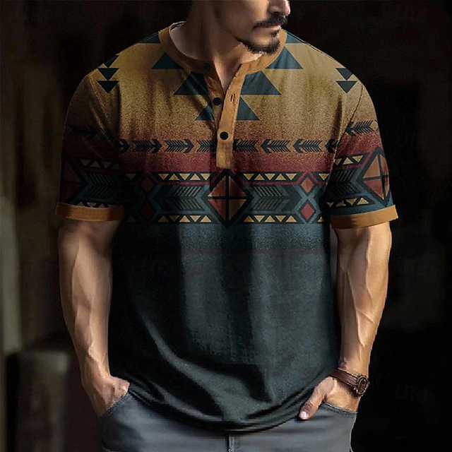 Men's Geometric Aztec T Shirt Henley Shirt Short Sleeve Designer Retro Vintage Trendy Street Casual Daily Summer Spring All Seasons Khaki Henley Henley T-Shirt2