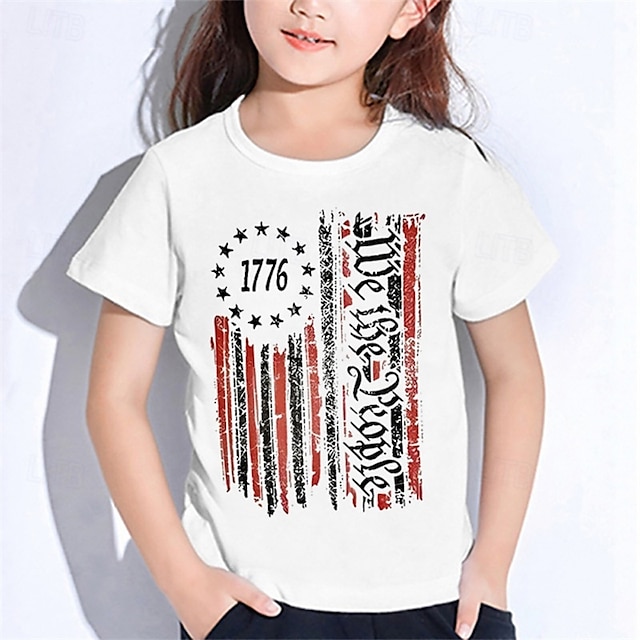  Giorno dell'Indipendenza americana Ragazze 3D Bandiera Maglietta Manica Corta Estate Primavera Moda Essenziale Bambini 4-12 Anni Girocollo All'aperto Casuale Quotidiano Vestibilità regolare