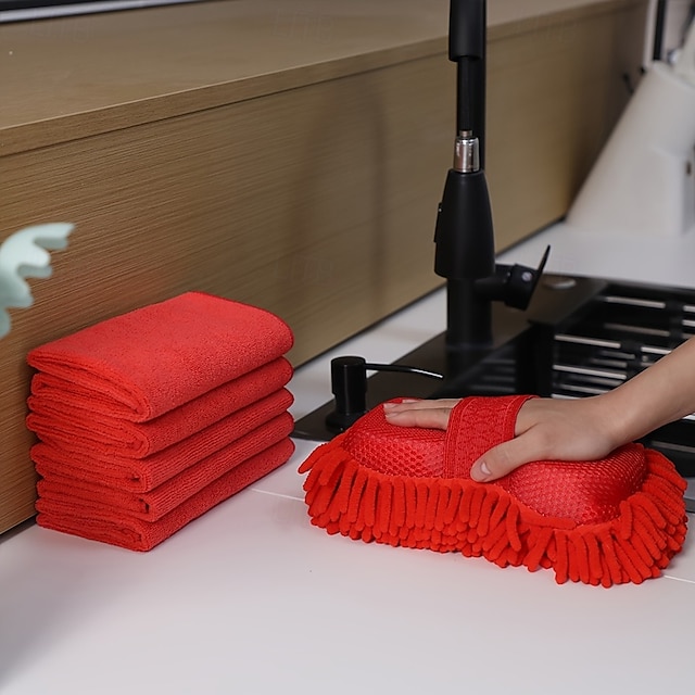  6 pezzi/set - include 1 spugna per la pulizia in ciniglia con cinturino da polso e 5 morbidi asciugamani in microfibra antigraffio riutilizzabili per auto, casa e cucina