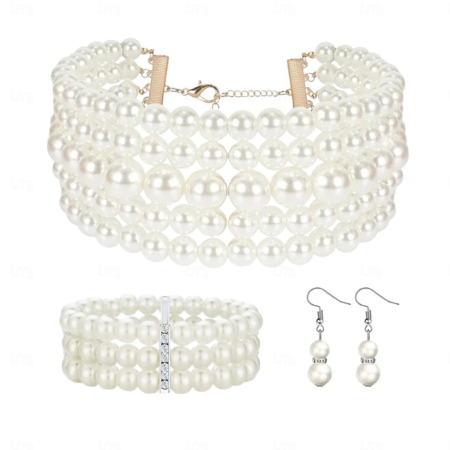  Ensembles de bijoux de mariée 1 ensemble de boucles d'oreilles en perles et strass, collier et bracelets, ensemble de bijoux élégant et doux pour femmes, pour mariage, travail, occasion spéciale