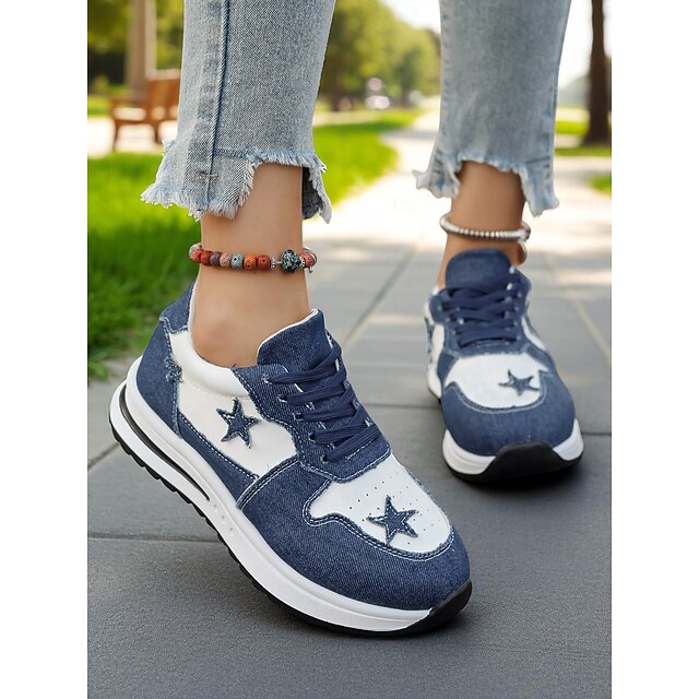  Sneakers da donna con lacci e stella in denim blu – scarpe sportive casual di ispirazione vintage per parchi, commissioni del fine settimana e picnic