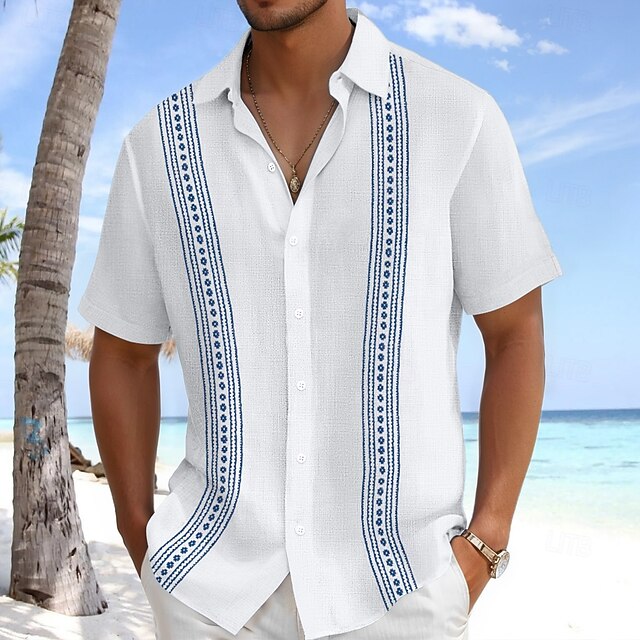 Men's Shirt Linen Shirt Summer Shirt Beach Wear Plain Vacation Casual White Blue Green Gray Short Sleeve Lapel Summer Spring & Summer Clothing Apparel Color Block2