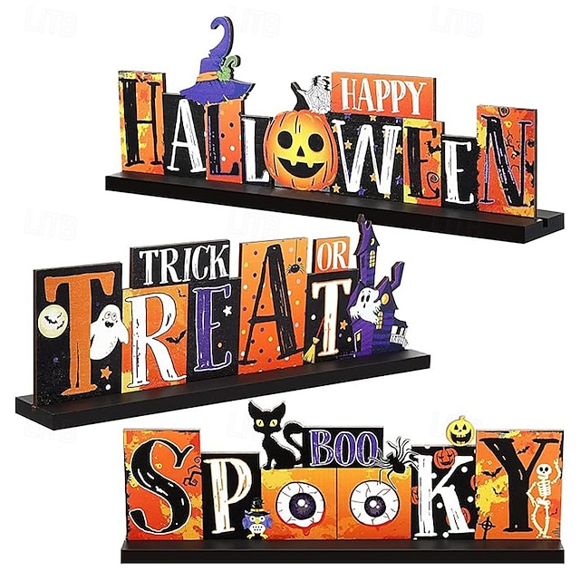  3 db halloweeni asztaldekoráció fa asztaldísz táblák - boldog halloweeni csokit vagy csalunk rusztikus fa partidekorációk