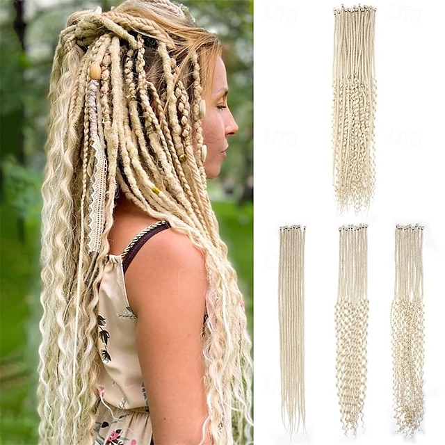  Extensions de dreadlocks synthétiques mixtes 3 en 1, 30 mèches, 30 pouces, blond 613 bouclé &droit &extensions de dreadlocks bohèmes à extrémité unique, style hippie, pour femmes
