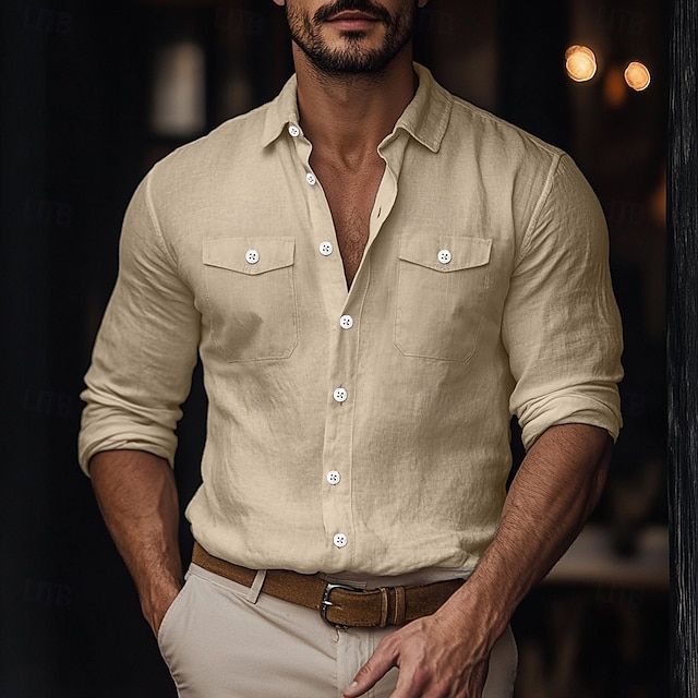 Herren Hemd Leinenhemd Sommerhemd Strandbekleidung Knopfhemd Einfarbig Urlaub Straße Weiß Blau Grün Khaki Langarm Umschlagkragen Sommer Frühling Bekleidung Tasche