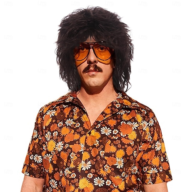  Mullet Wig with Bangs 70s Disco Party Mens Hippie Wigs Brown Long Curly Male Wig Halloween Costumes 80s Rocker Wig