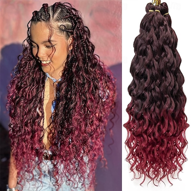  Capelli ricci e ondulati all'uncinetto, 24 pollici, per donne, con trecce hawaiane bordeaux, capelli sintetici, treccia bohémien all'uncinetto, extension per capelli all'uncinetto con onde d'acqua.