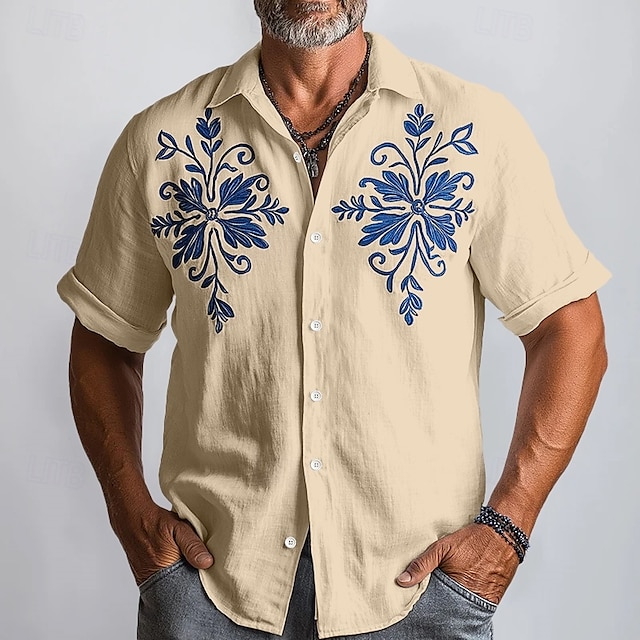  Men's Linen Shirt Summer Shirt Beach Wear Button Up Shirt Floral Vacation Casual White Blue Khaki Short Sleeve Turndown Summer Spring Clothing Apparel