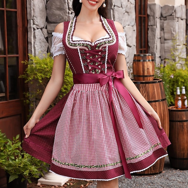  Kvinnens Oktoberfest dirndl kjole snøring satengbånd rutete ølfestival forkle tradisjonell kjole Oktoberfest