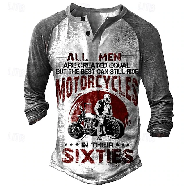 T shirt Tee Henley Shirt Graphic Prints Motorcycle Henley Clothing Apparel Outdoor Casual Long Sleeve Button-Down Print Stylish Lightweight Vintage Sixties Grey And White 17