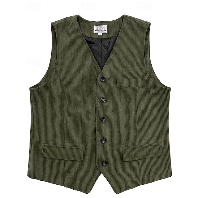  Herren Weste Gilet Urlaub Party Geschäft Mode Lässig Frühling Herbst Knöpfe Tasche Polyester Cordstoff Bequem Einfarbig Einreihig Ein-Knopf V Ausschnitt Normale Passform Dunkelbraun Schwarz