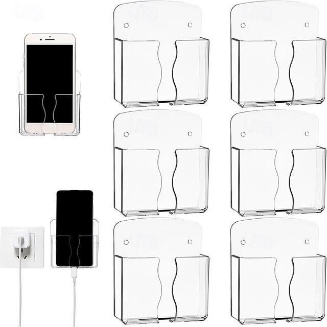  Suport de telefon montat pe perete, suport autoadeziv pentru telefon mobil cu orificiu de încărcare, suport acrilic transparent pentru telecomandă, organizator de noptieră pentru biroul de acasă