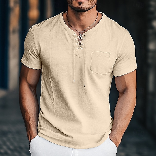  Pánské Tričko Henley Tričko Top Krátký rukáv Pevná barva Bez vzoru Jednobarevné Módní Designové Základní kravata vpředu Do V Dovolená ulice Ležérní Léto Černá Bílá Vodní modrá Tričko Henley