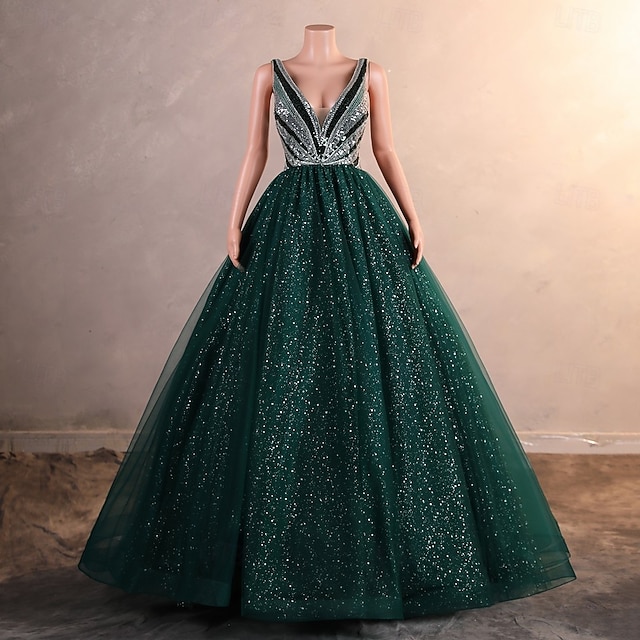  Ballkleid Abendkleid Elegantes Kleid Formale Promenade knöchellang ärmellos V-Ausschnitt Tüll mit Glitzer Pailletten