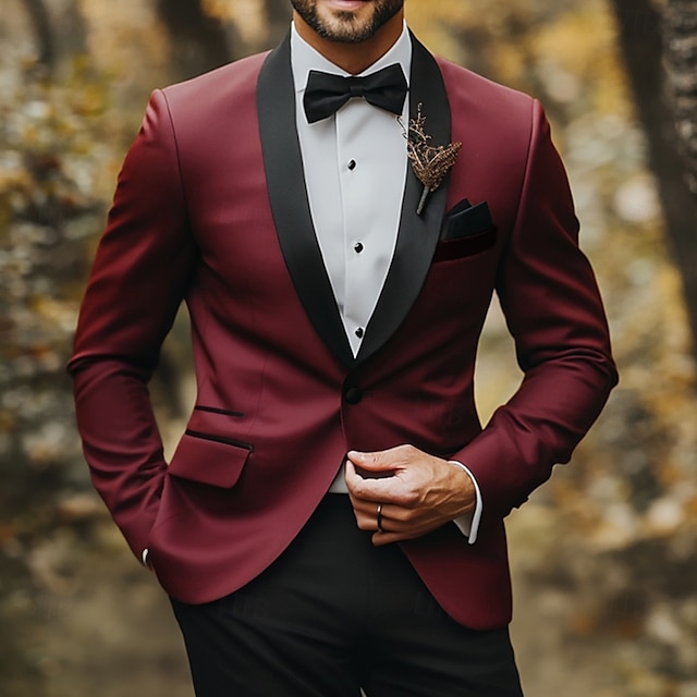  Uomo Matrimonio Feste Completi Borgogna Moda Formale Tinta unita Vestibilità standard 2 pezzi Monopetto a un bottone