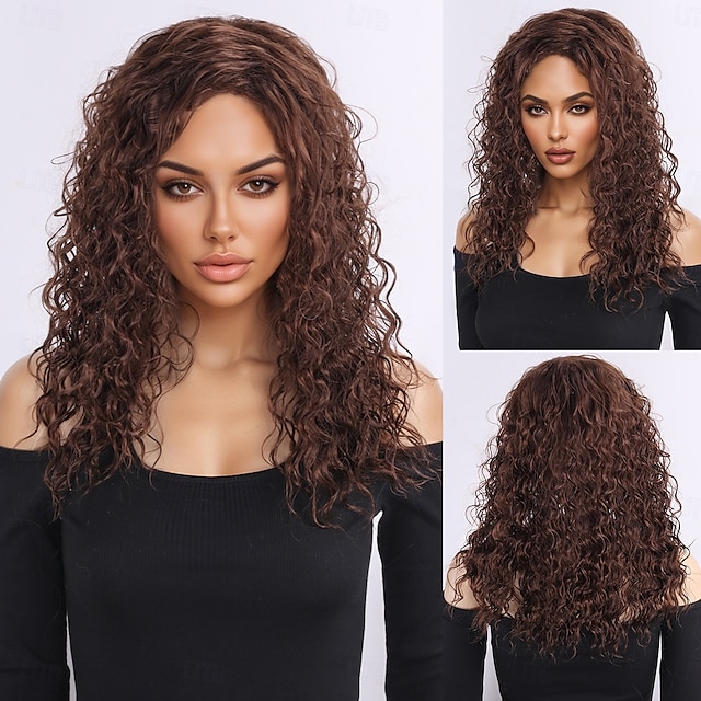  Synthetische pruiken Golvend Krullend weefsel Gelaagd kapsel Diepe scheiding Machinegemaakt Pruik 50.8 cm A1 Synthetisch haar Dames Klassiek Comfortabel Kleurgradatie Bruin