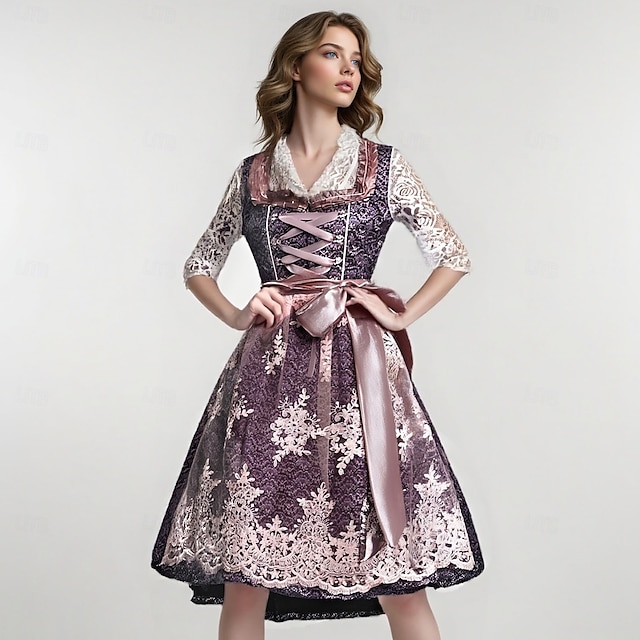  Damen Lila Spitze Dirndl Kleid mit Bluse und Pinker Schürze für das Oktoberfest Wiesn Party