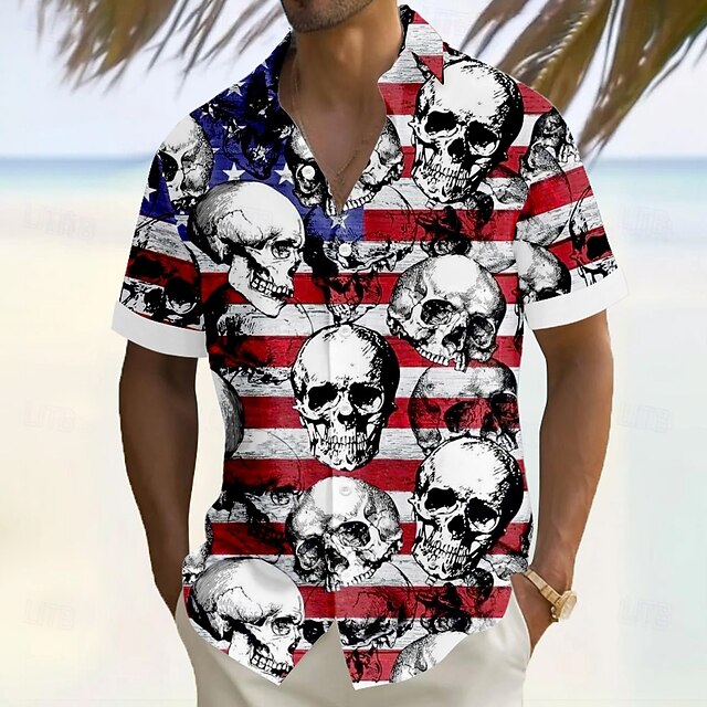 Independence Day Men's US Flag Patriotic Skulls Shirt Summer Shirt Button Up Shirt Short Sleeve Fashion Casual Outdoor Vacation Dailywear Summer Turndown 3D Print Linen Like Shirt White4