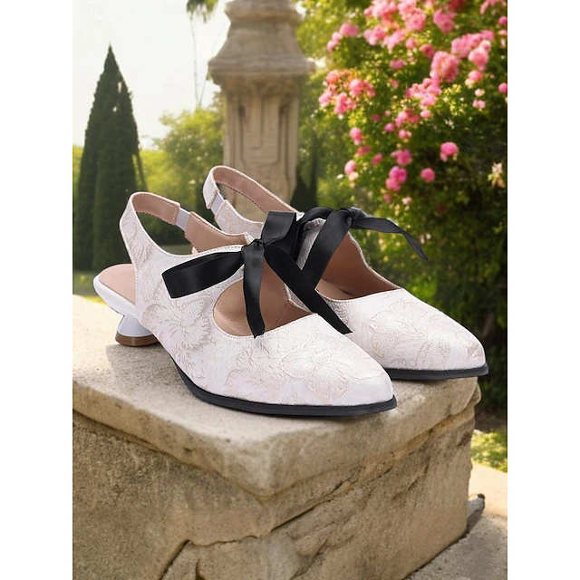 Women's Vintage Lace Slingback Heels with Bow - Elegant Dress Shoes for Weddings and Formal Events 9