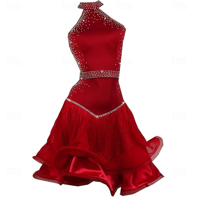  Robe de danse latine rouge à épaules dénudées et à diamants pour femmes, jupe en maille de compétition