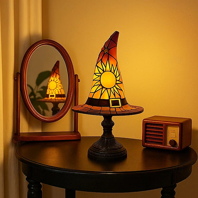 1 Pc Retro Resin Witch Hat Light Unique Indoor Bedside Table Bedroom Night Light Halloween Festival Atmosphere Decorative Light USB Plug in 29